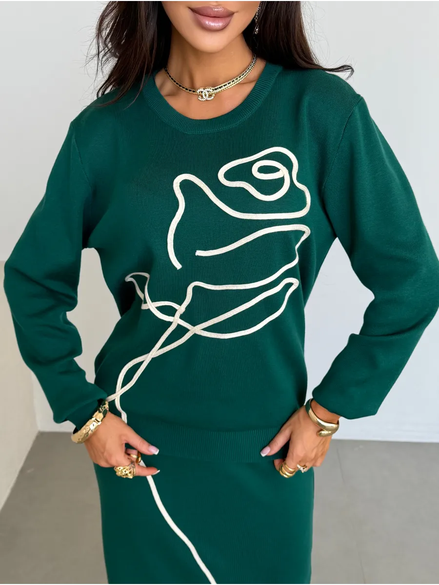 Зеленый теплый костюм с юбкой осенний трикотажный