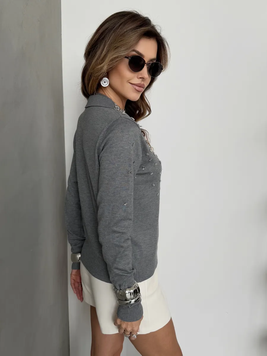 Серая кофта теплая нарядная трикотажная