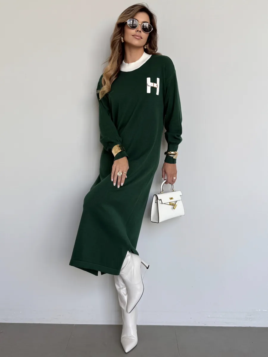 Зеленое платье осеннее теплое трикотажное