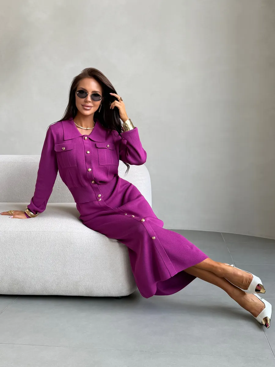 Фуксия теплый костюм с юбкой осенний трикотажный