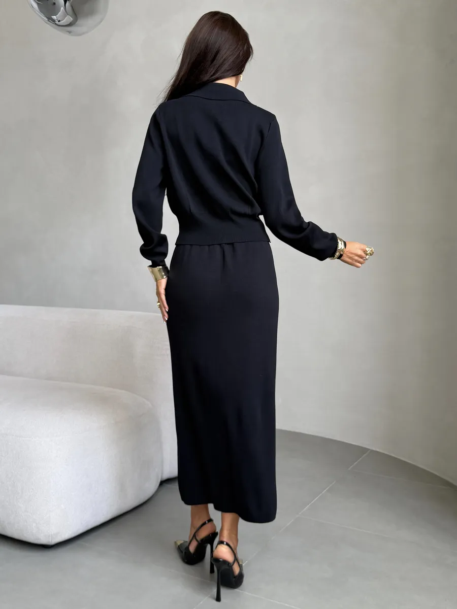 Черный теплый костюм с юбкой осенний трикотажный