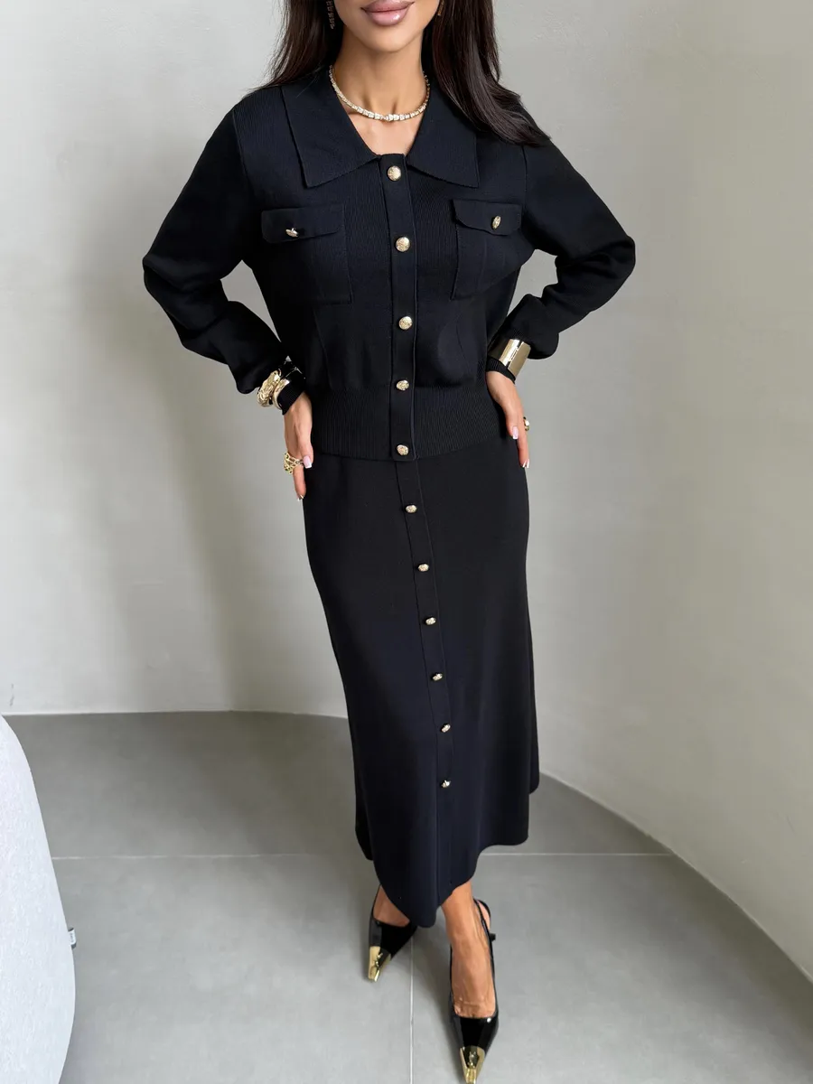 Черный теплый костюм с юбкой осенний трикотажный