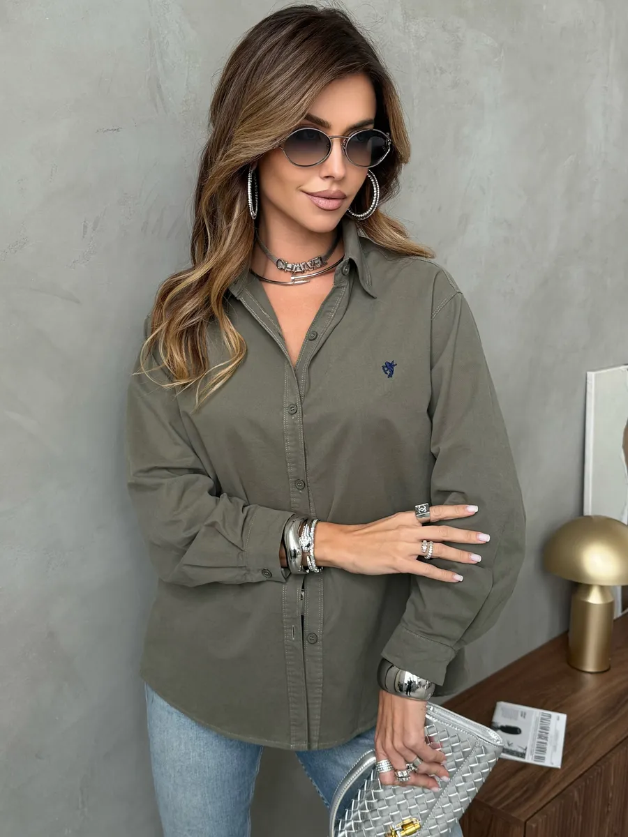 Хаки рубашка оверсайз офисная