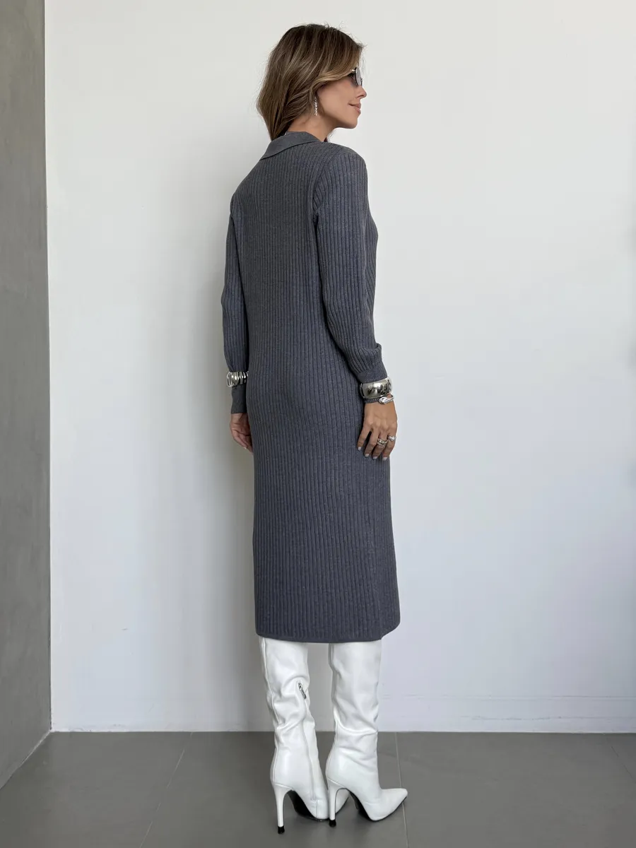 Серое платье осеннее теплое трикотажное лапша