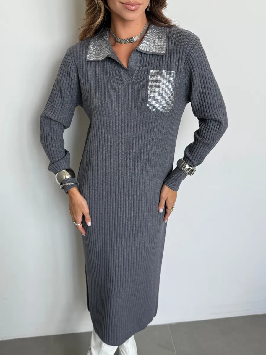 Серое платье осеннее теплое трикотажное лапша