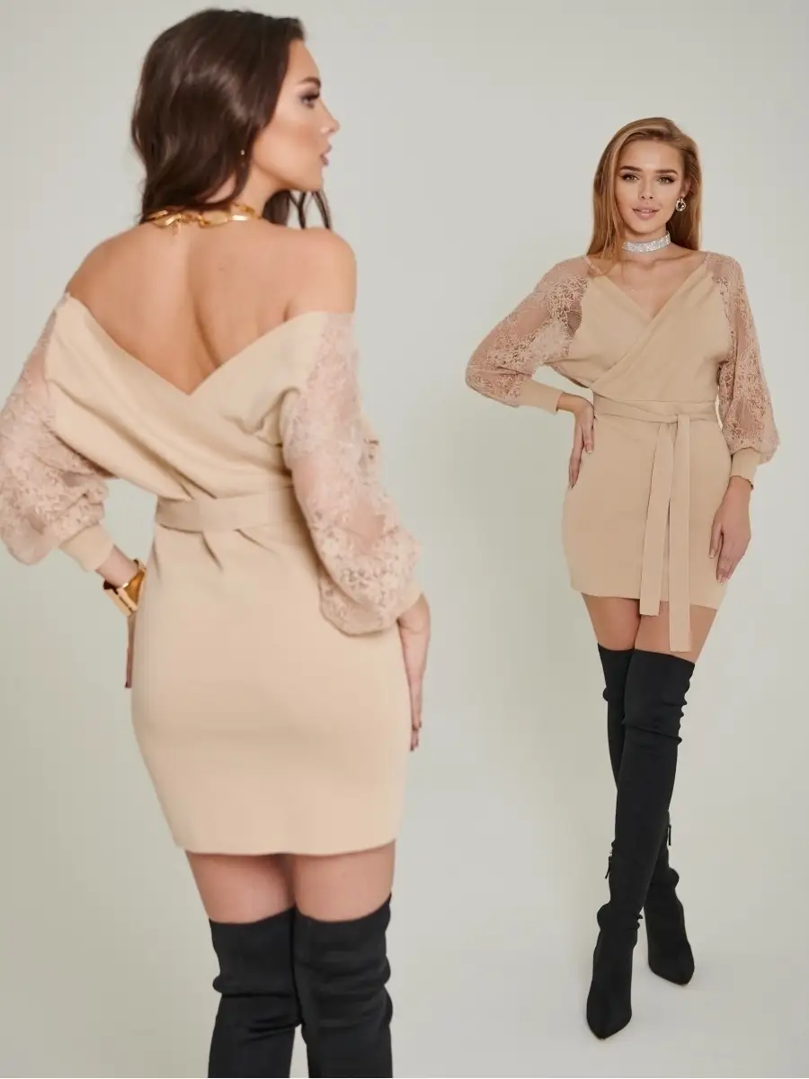 Бежевое платье женское нарядное кружевное гипюровое вечернее