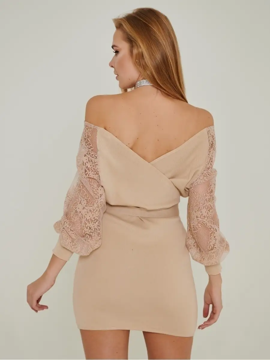 Бежевое платье женское нарядное кружевное гипюровое вечернее