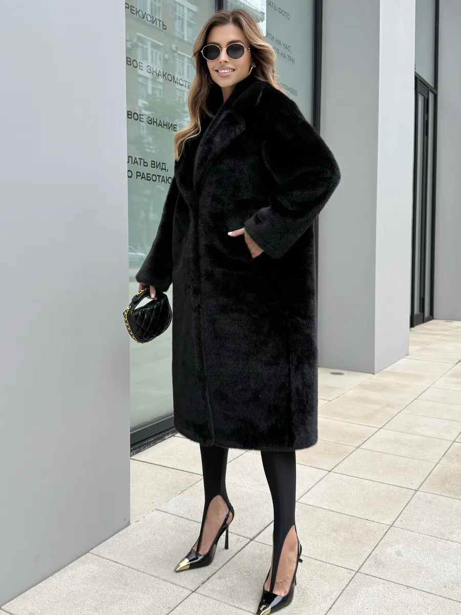 Черная шуба искусственная леопардовая