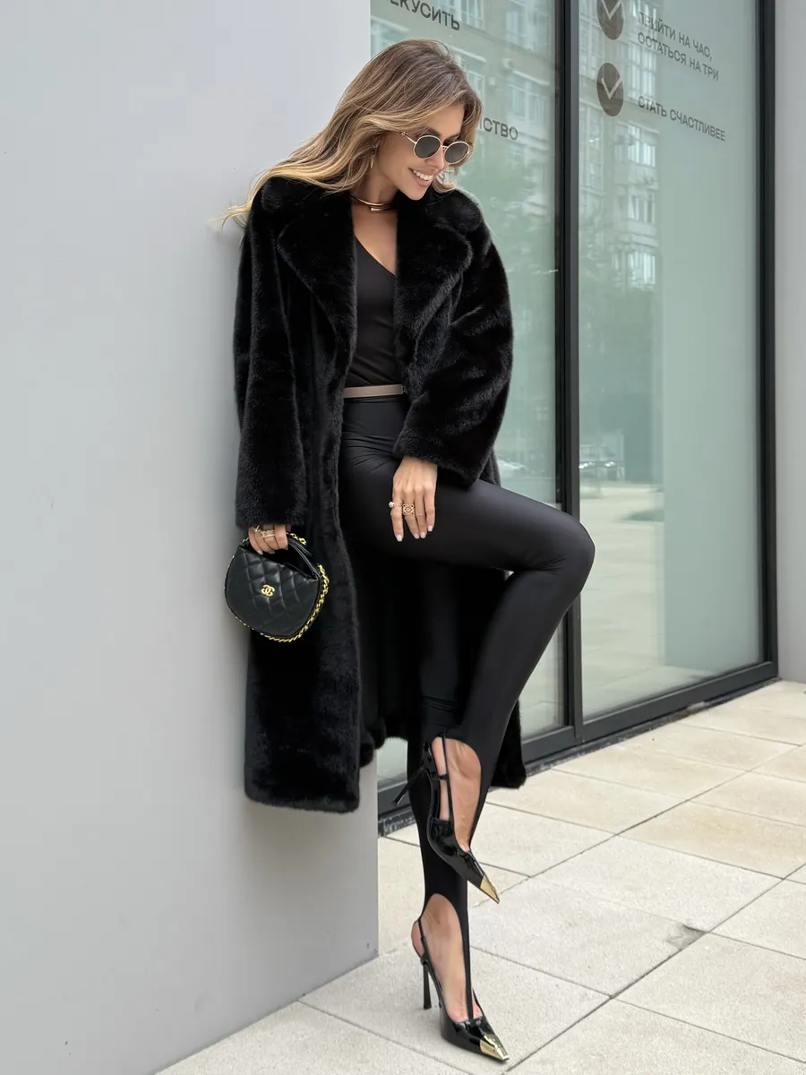 Черная шуба искусственная леопардовая