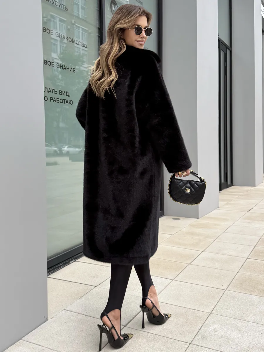 Черная шуба искусственная леопардовая