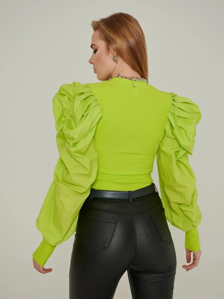 Желтый неон блузка женская нарядная школьная офис с пышным рукавом