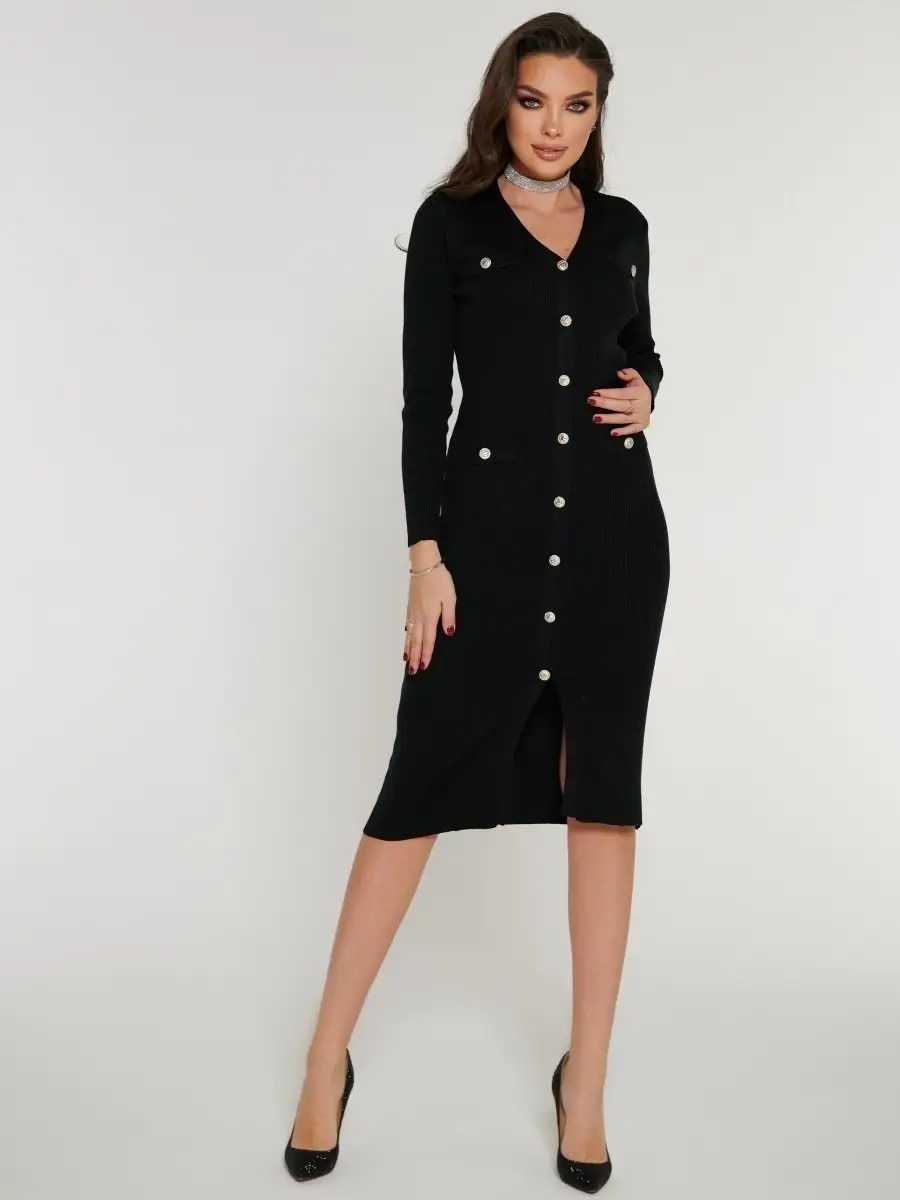 Черное женское платье вечернее в офис трикотажное