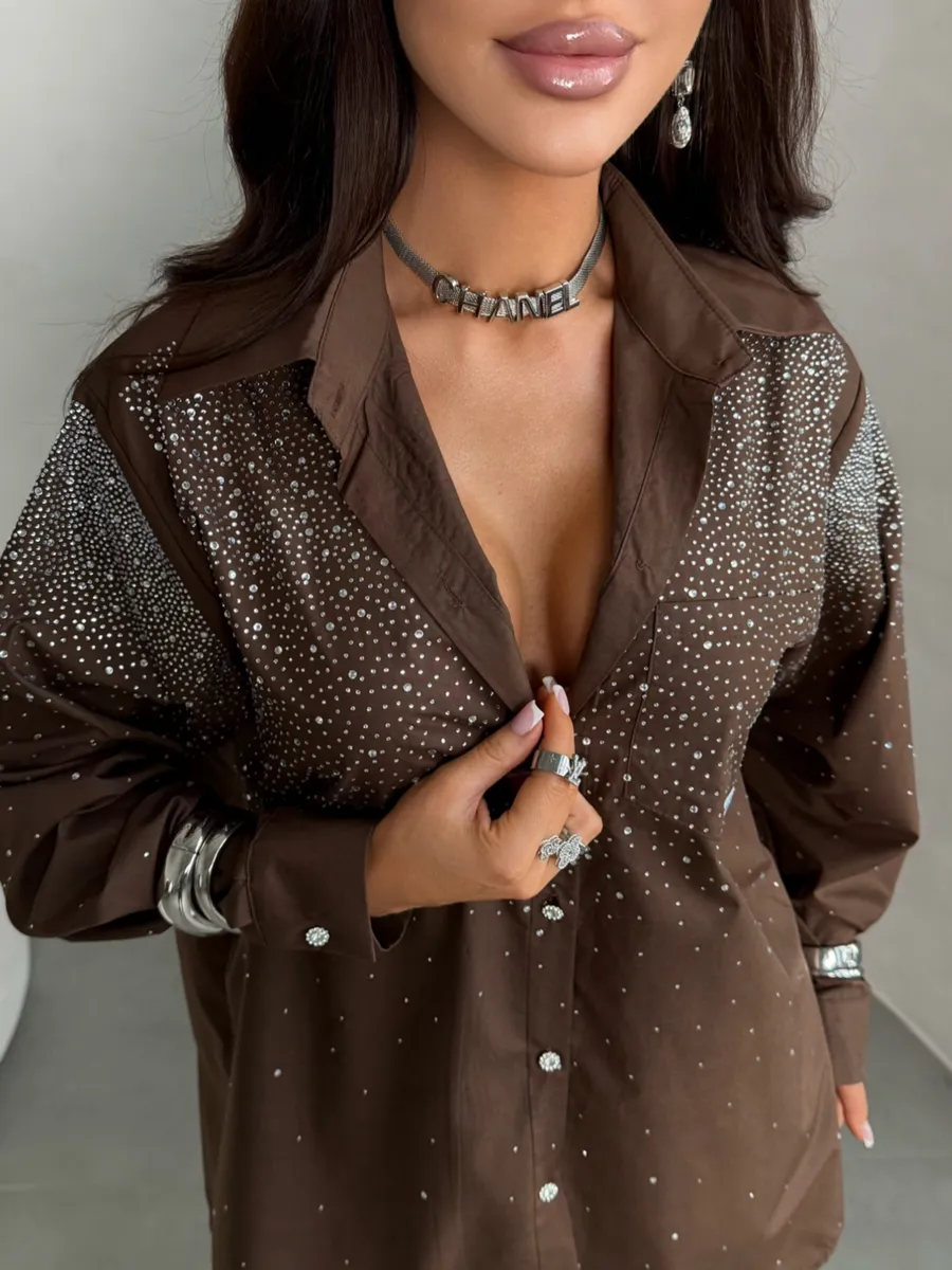 Коричневая нарядная рубашка оверсайз