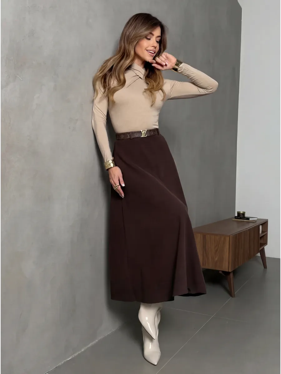 Коричневая юбка теплая длинная на осень и зиму