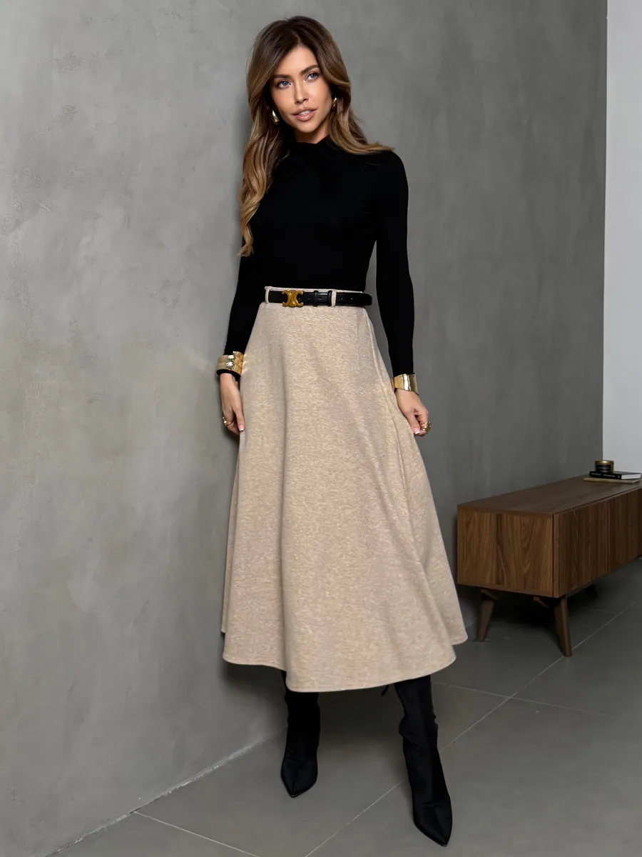 Бежевая юбка теплая длинная на осень и зиму