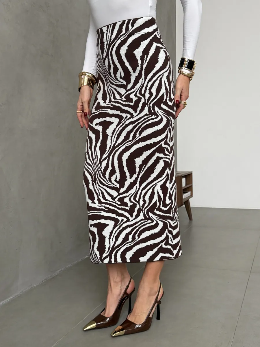 Коричневая юбка теплая длинная миди зебра