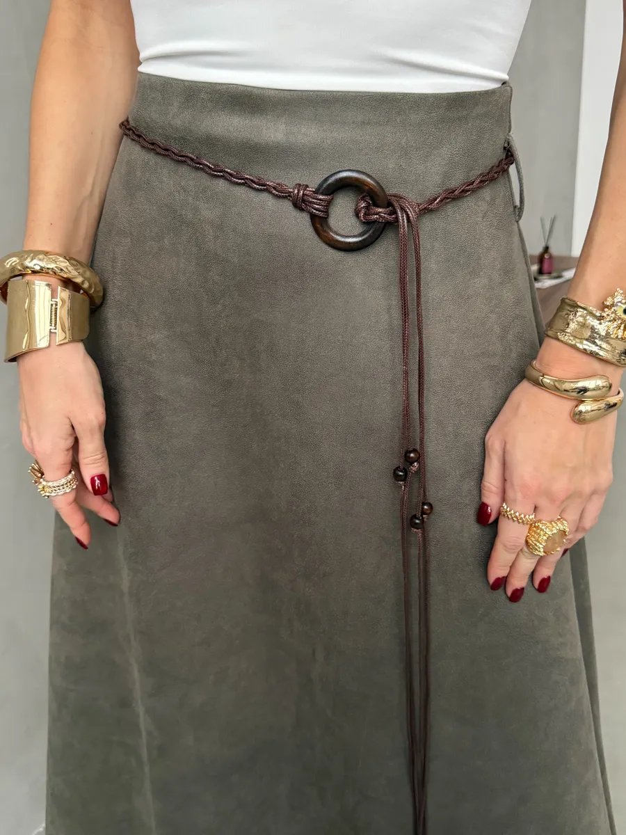 Хаки длинная юбка макси под замшу экокожу