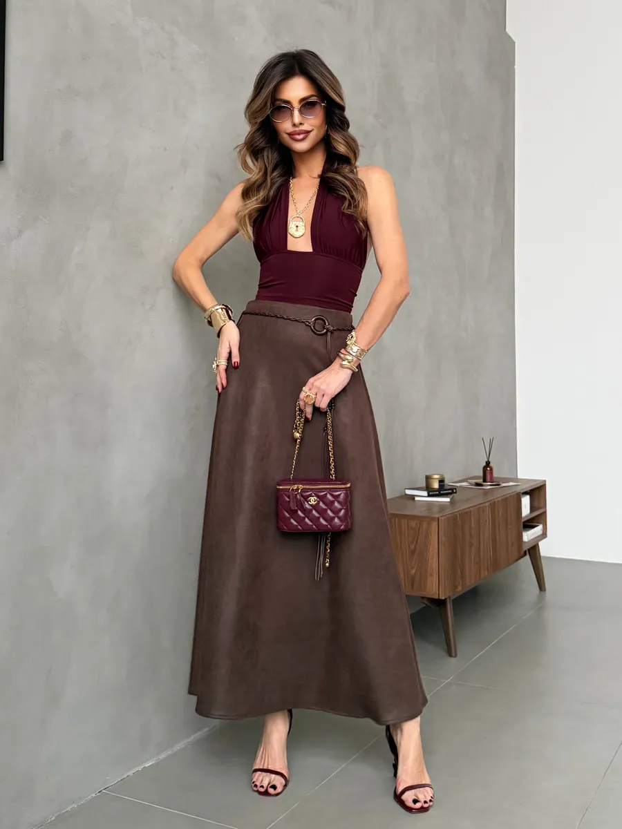 Длинная юбка макси под замшу экокожу