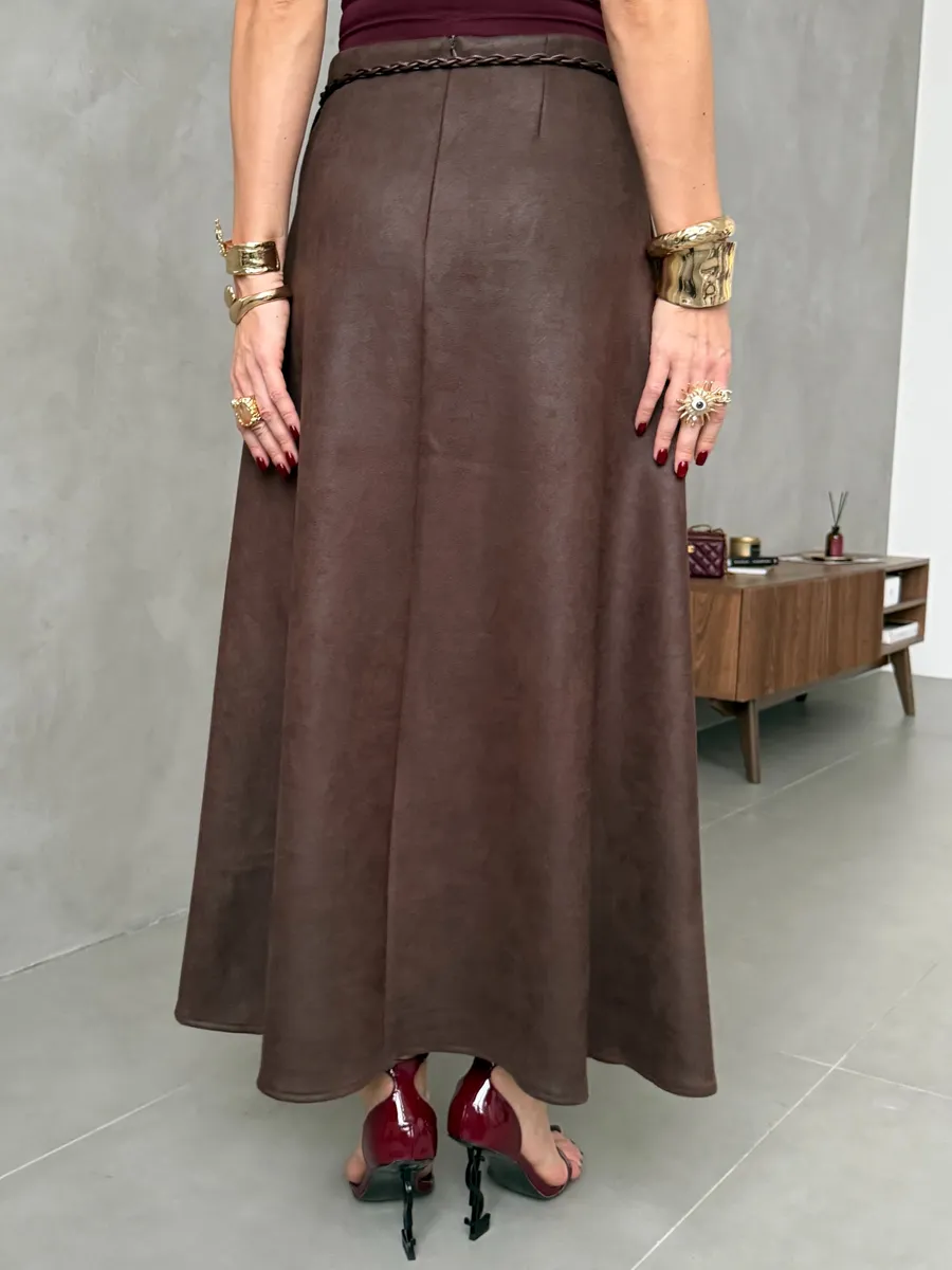 Коричневая длинная юбка макси под замшу экокожу