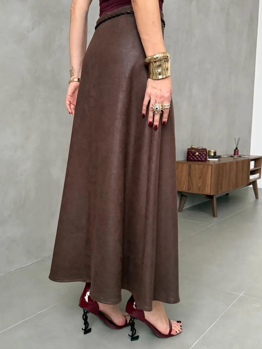 Коричневая длинная юбка макси под замшу экокожу