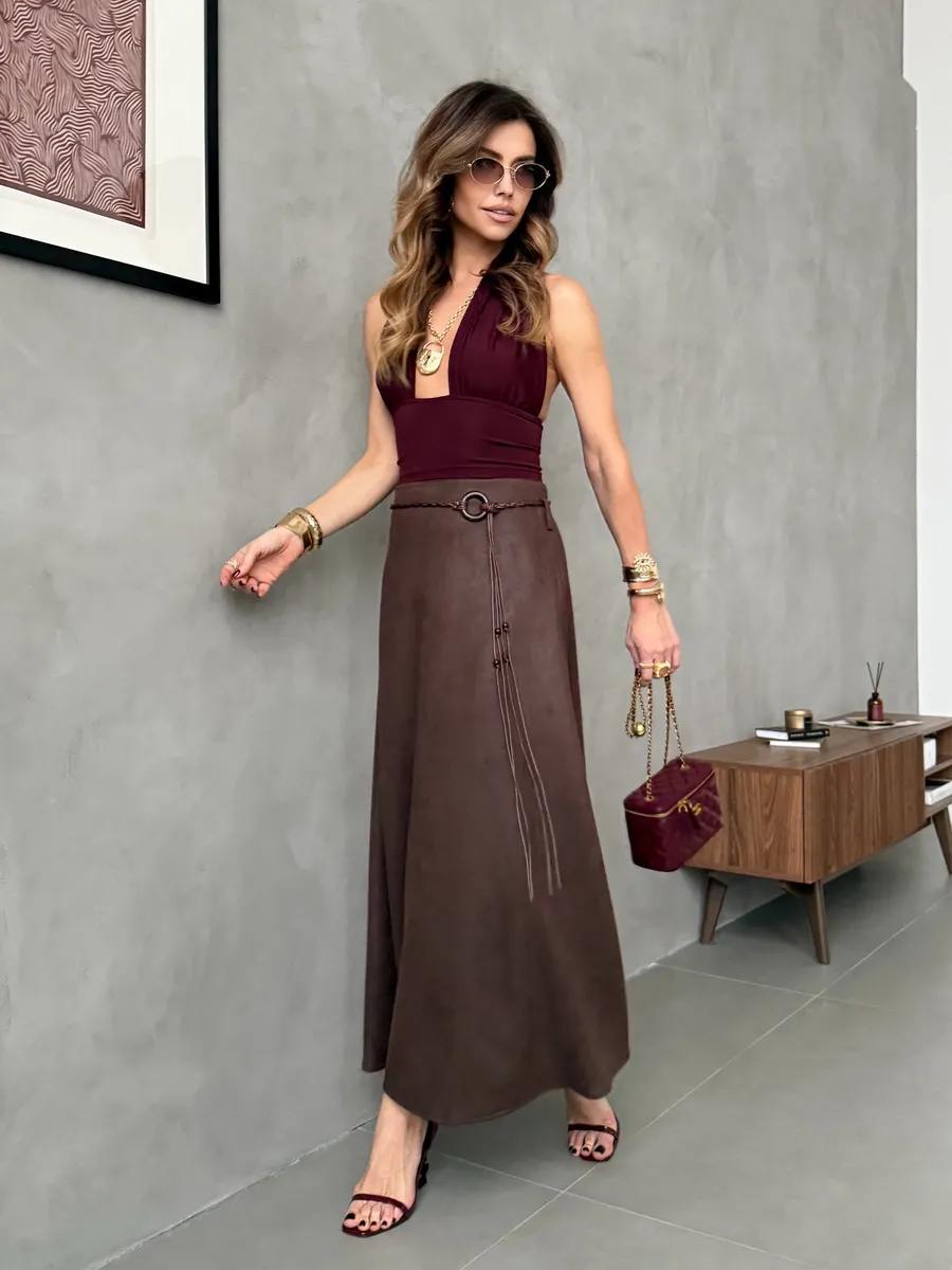 Длинная юбка макси под замшу экокожу