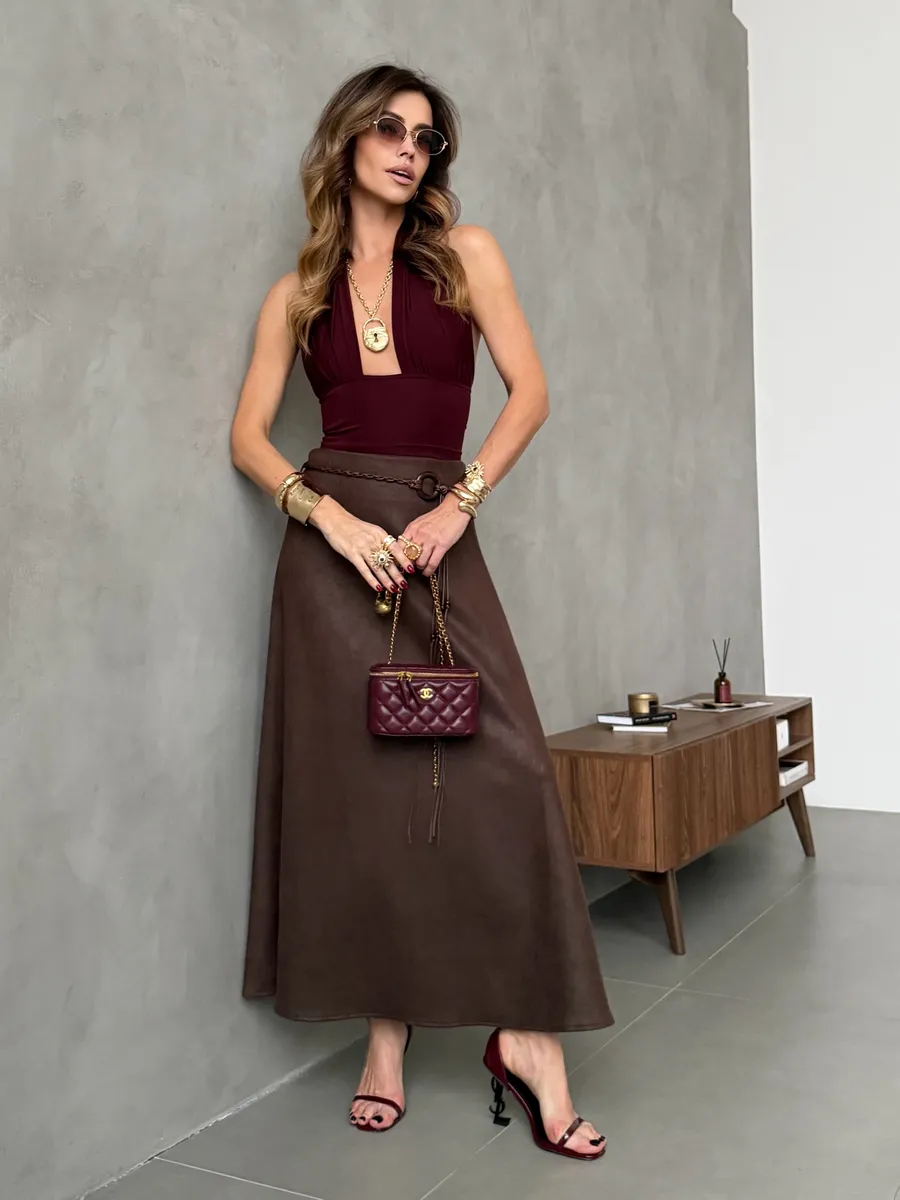 Коричневая длинная юбка макси под замшу экокожу