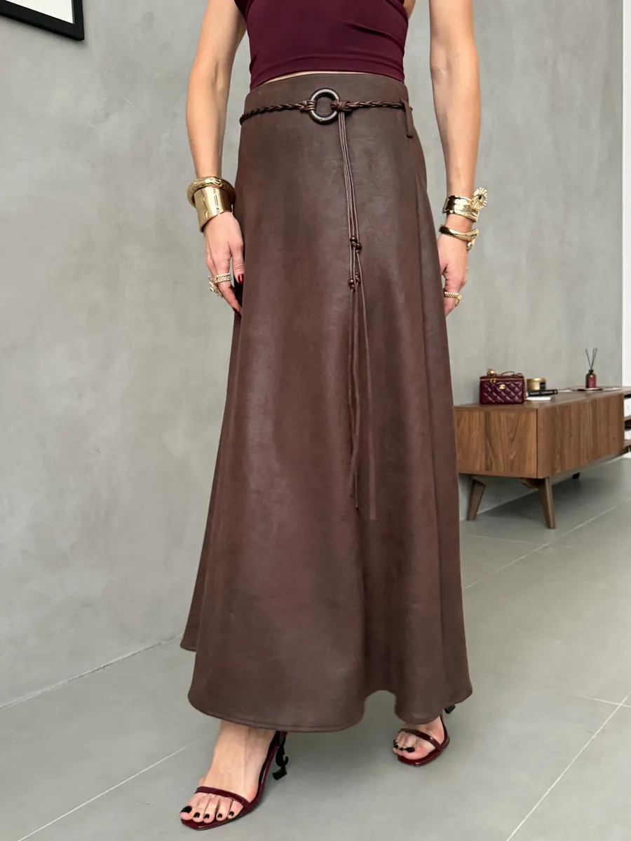Коричневая длинная юбка макси под замшу экокожу
