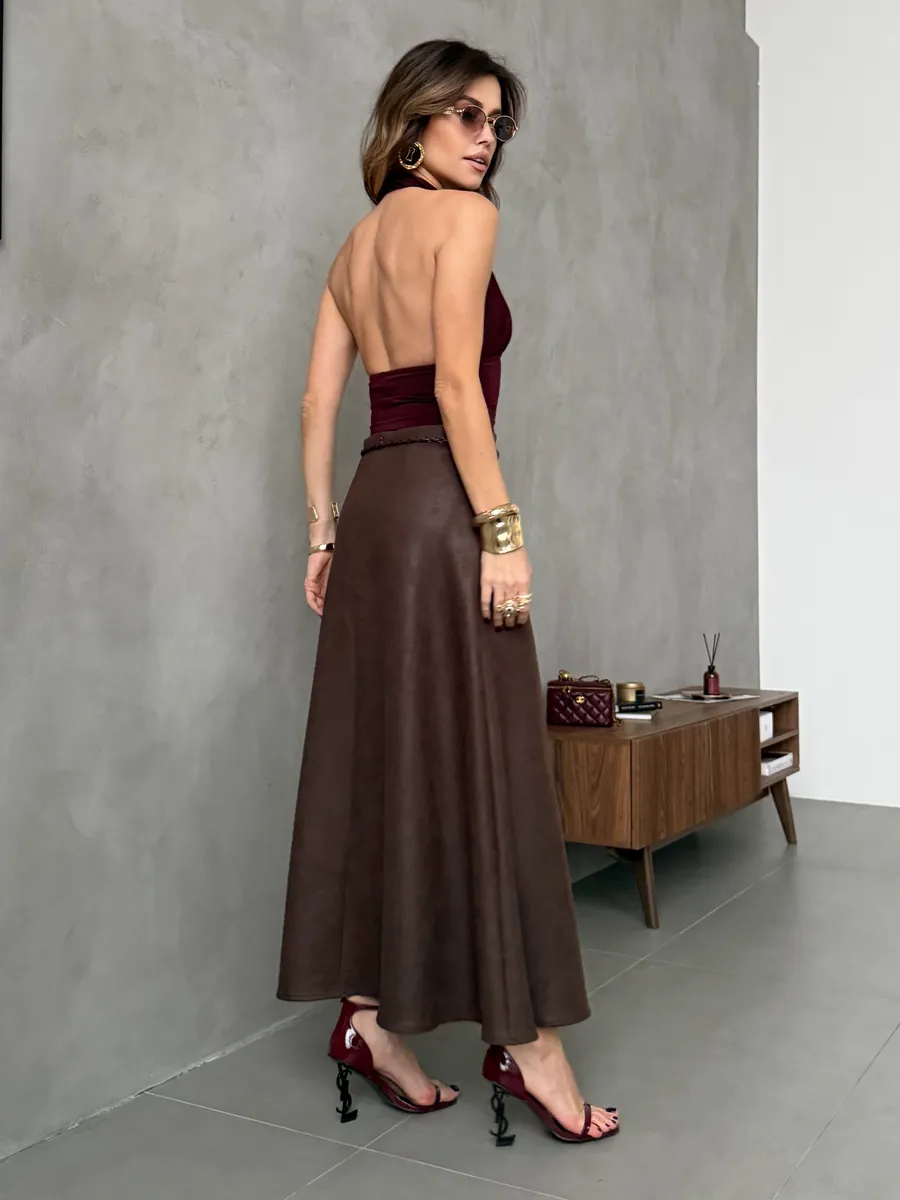 Коричневая длинная юбка макси под замшу экокожу