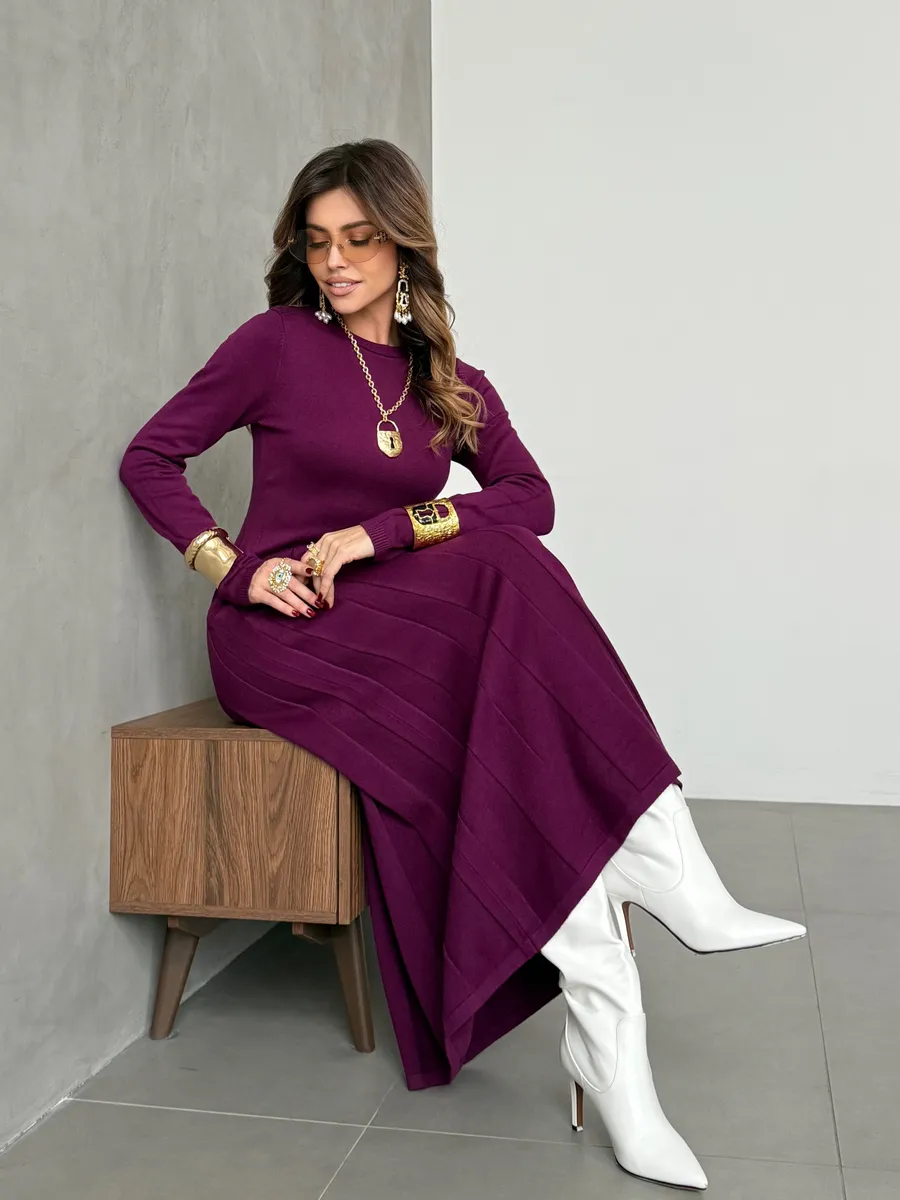 Бордовое теплое платье вязаное трикотажное повседневное