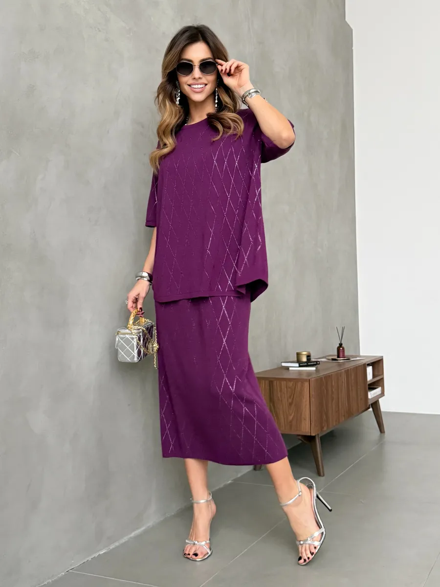 Бордовый костюм с юбкой праздничный нарядный теплый трикотажный