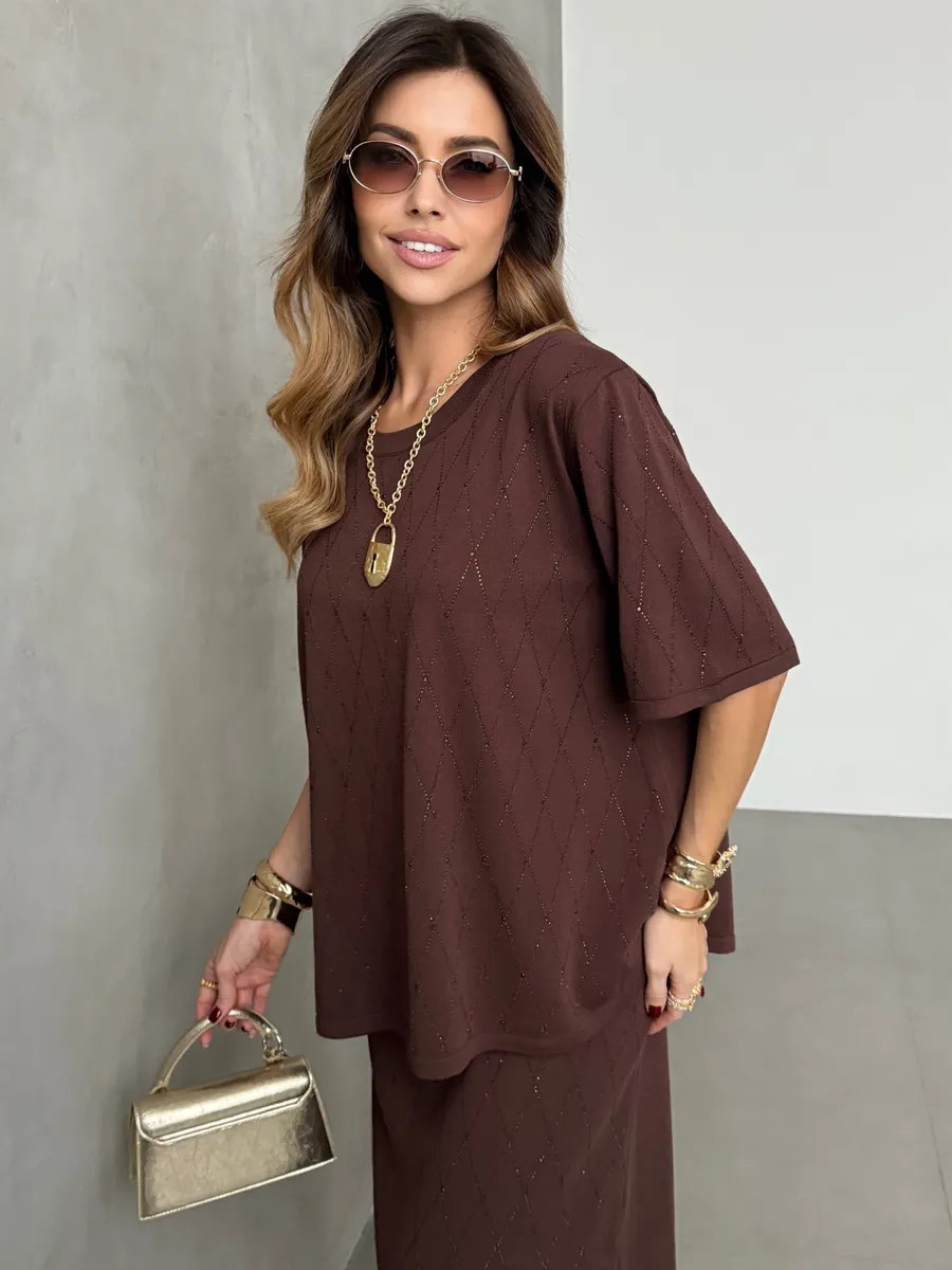 Коричневый костюм с юбкой праздничный нарядный теплый трикотажный