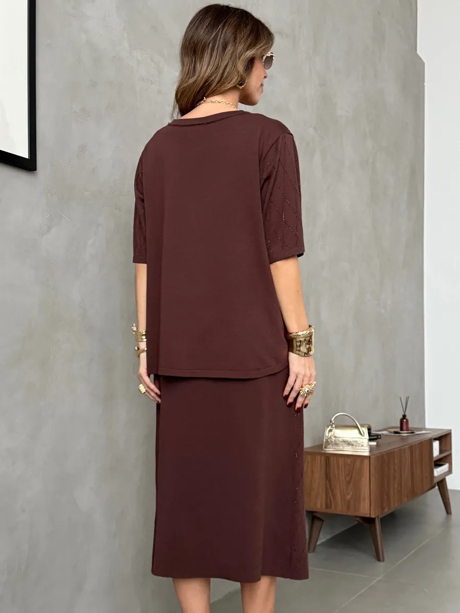 Коричневый костюм с юбкой праздничный нарядный теплый трикотажный