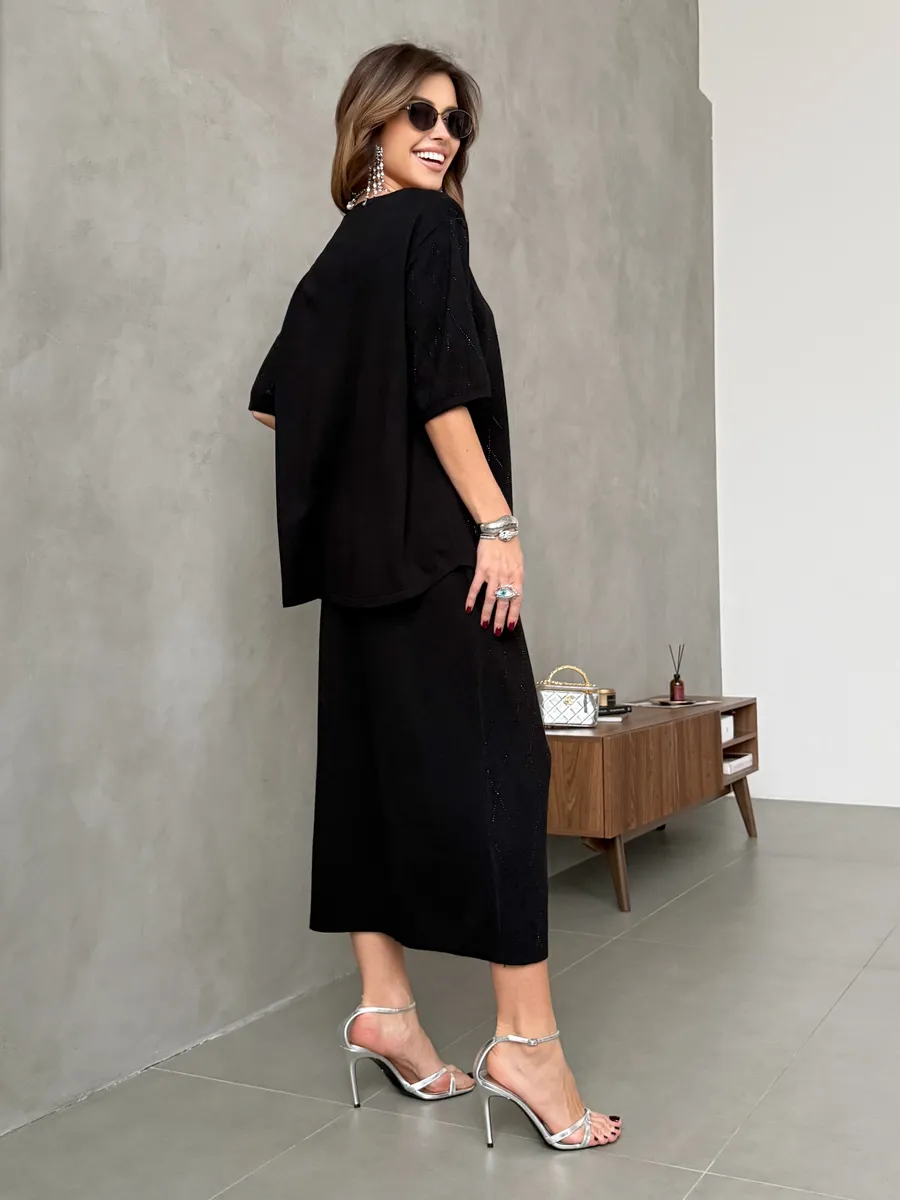 Черный костюм с юбкой праздничный нарядный теплый трикотажный