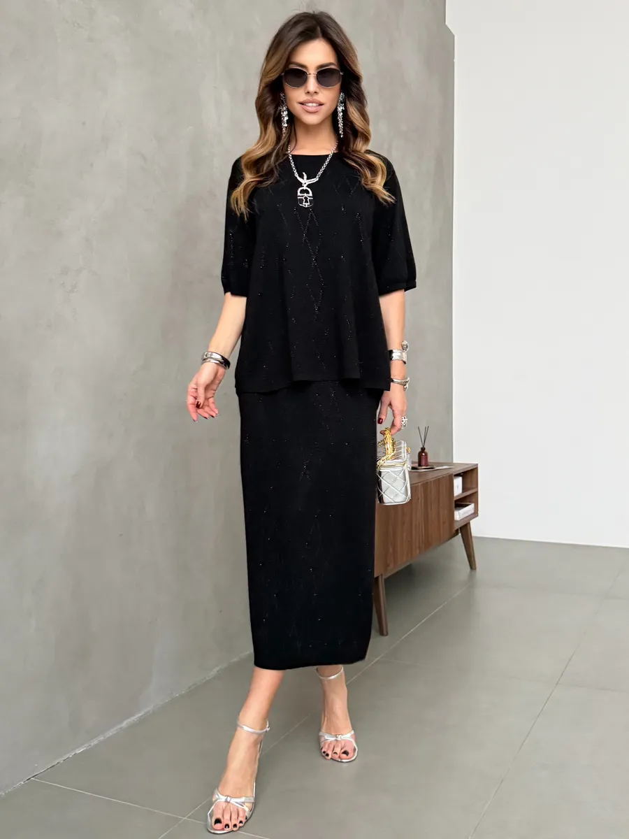 Черный костюм с юбкой праздничный нарядный теплый трикотажный