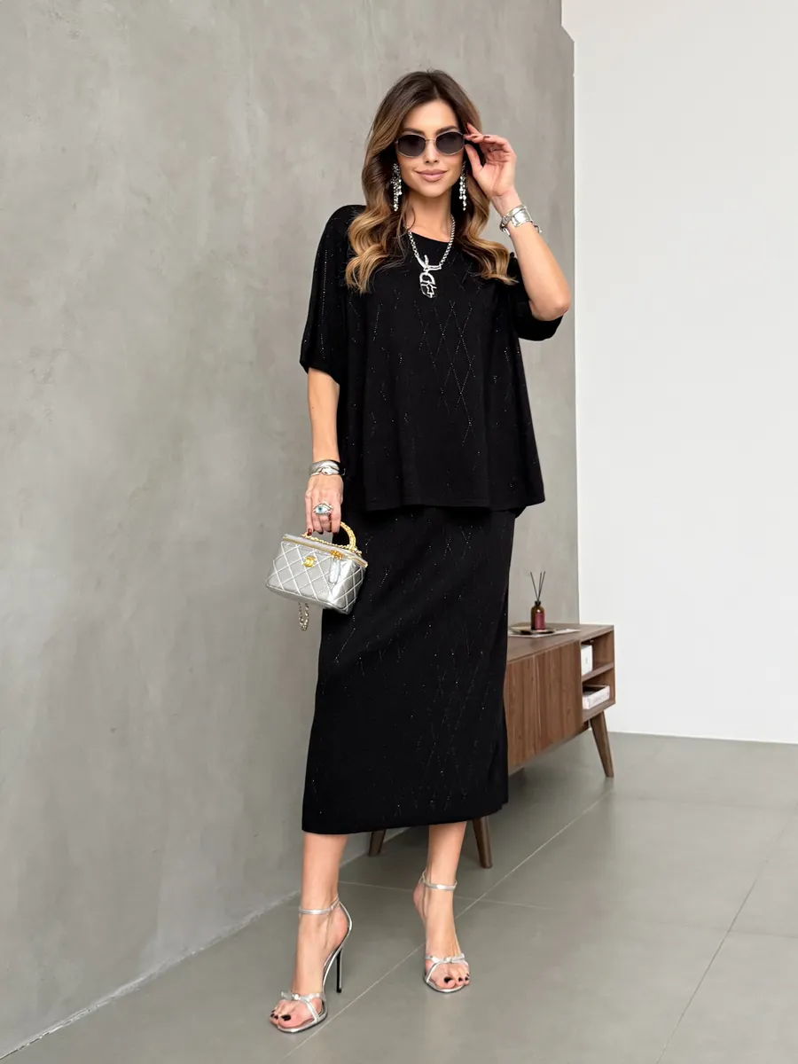 Черный костюм с юбкой праздничный нарядный теплый трикотажный