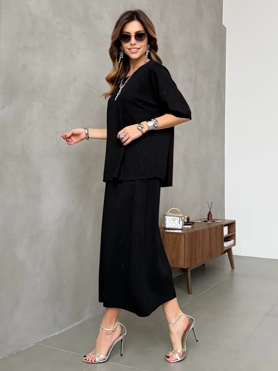 Черный костюм с юбкой праздничный нарядный теплый трикотажный