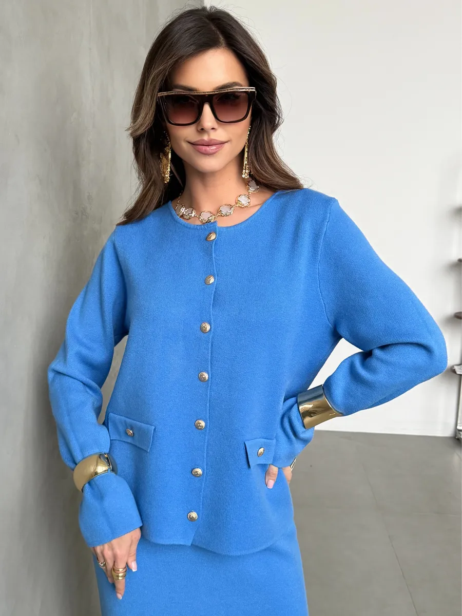 Синий теплый костюм женский с юбкой