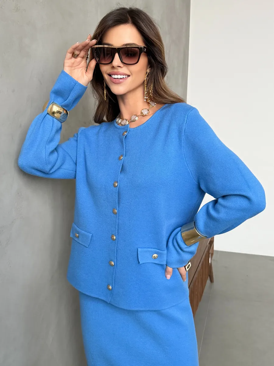 Синий теплый костюм женский с юбкой