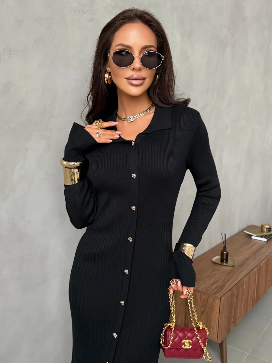 Черное платье теплое вязаное нарядное трикотажное