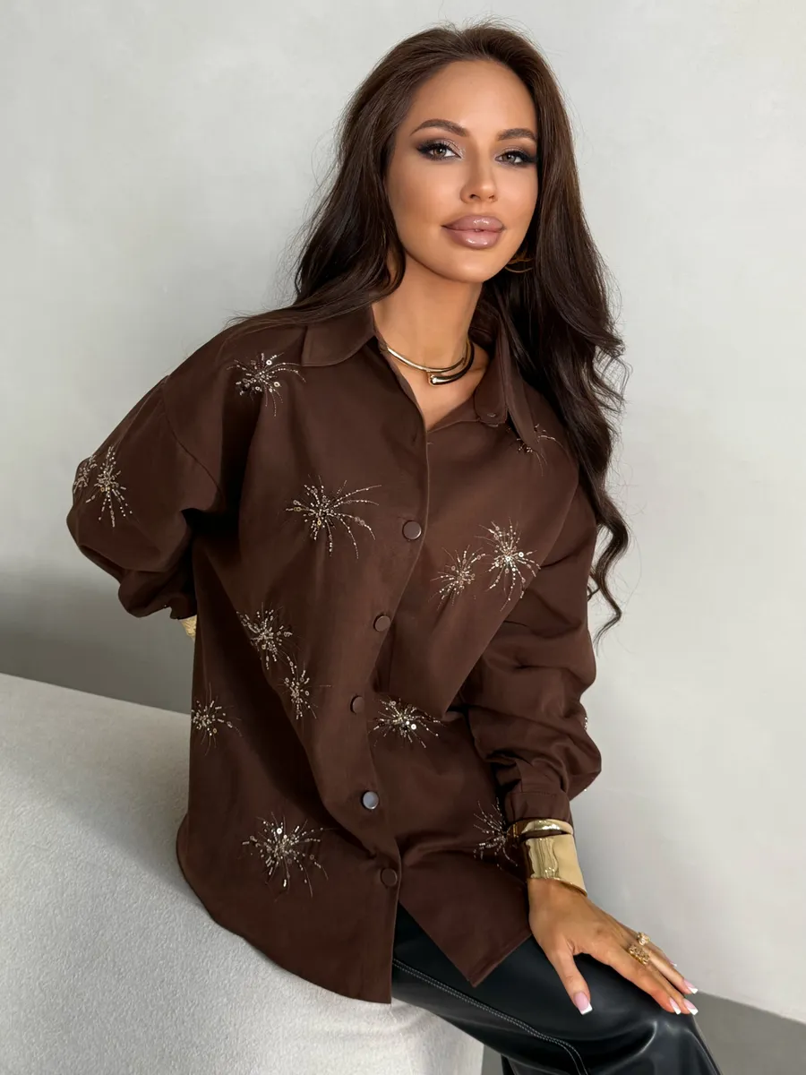 Коричневая рубашка нарядная оверсайз