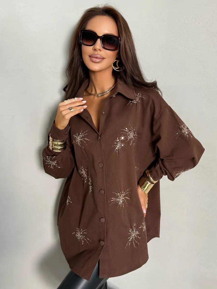 Коричневая рубашка нарядная оверсайз
