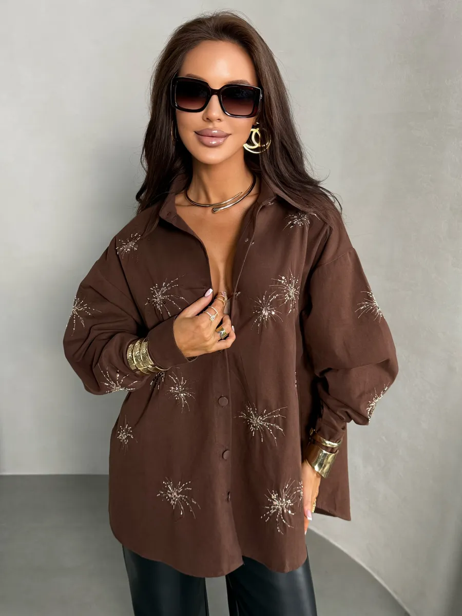 Коричневая рубашка нарядная оверсайз