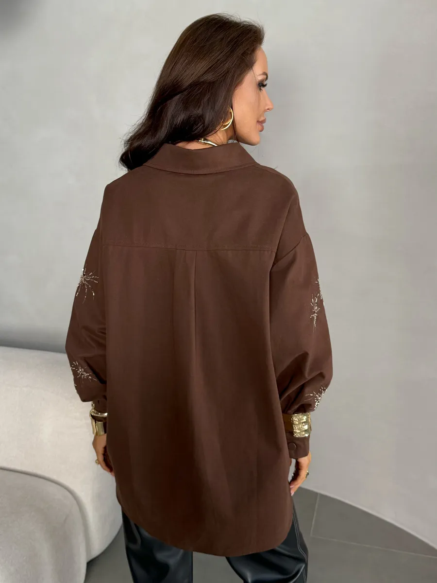 Коричневая рубашка нарядная оверсайз