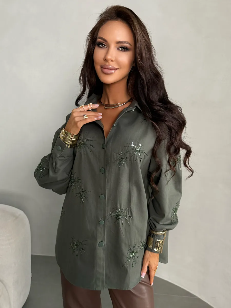 Зеленая рубашка нарядная оверсайз