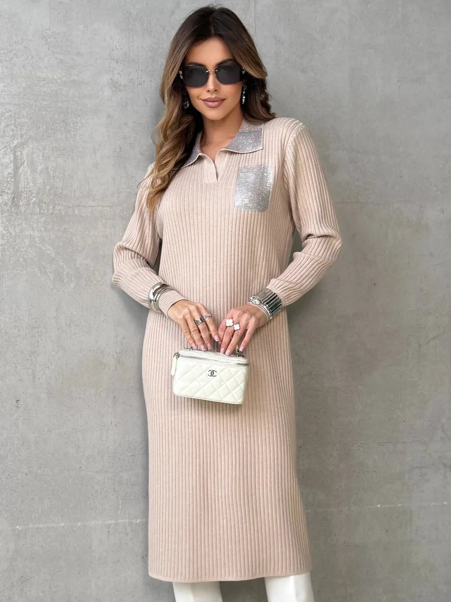 Бежевое платье осеннее теплое трикотажное лапша