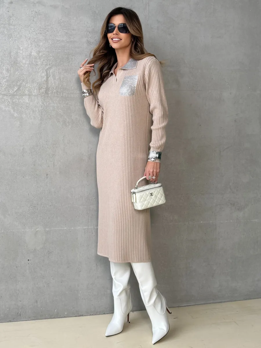 Бежевое платье осеннее теплое трикотажное лапша