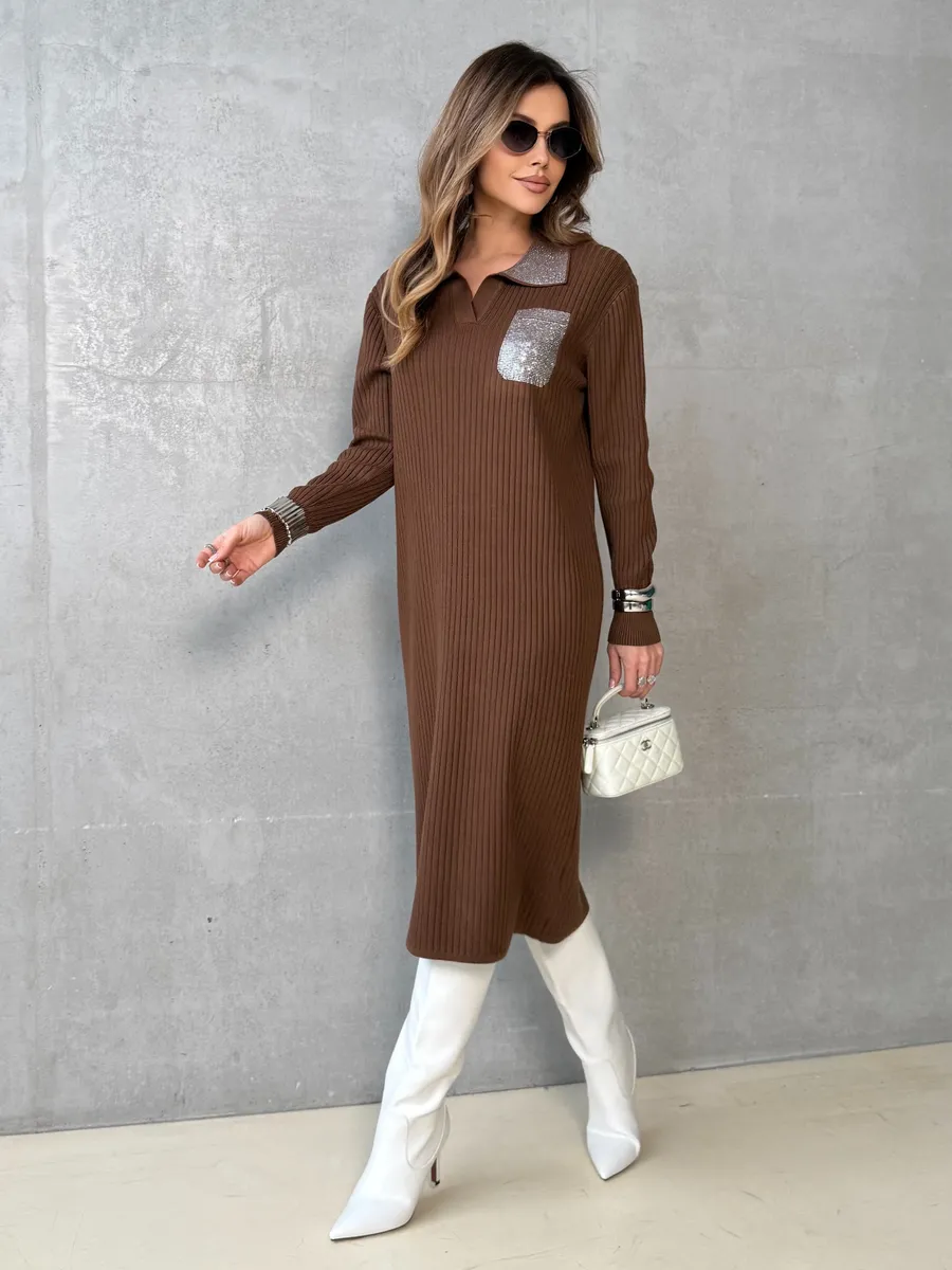 Коричневое платье осеннее теплое трикотажное лапша