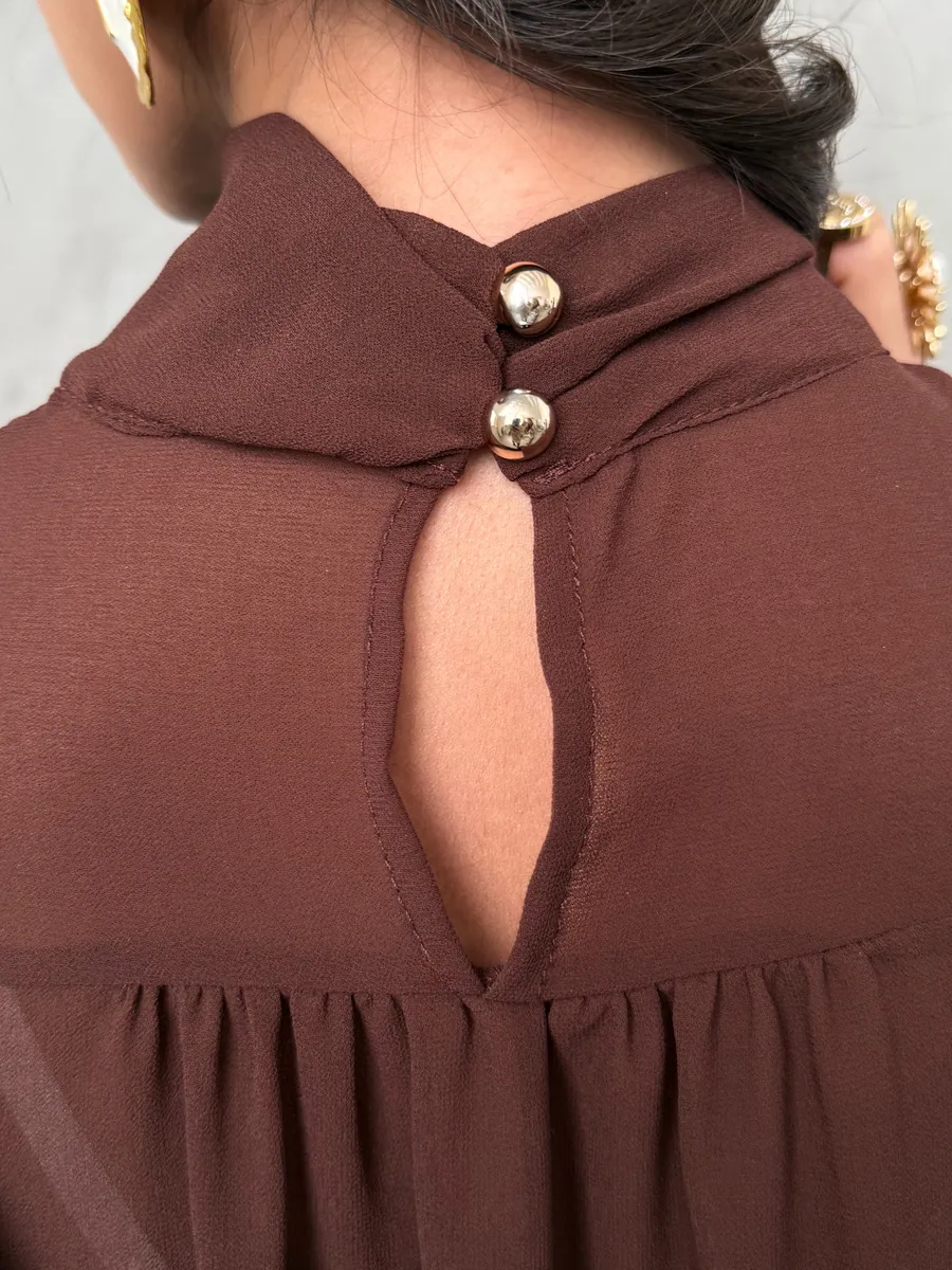 Коричневая блузка нарядная праздничная шелковая с рюшами и топом