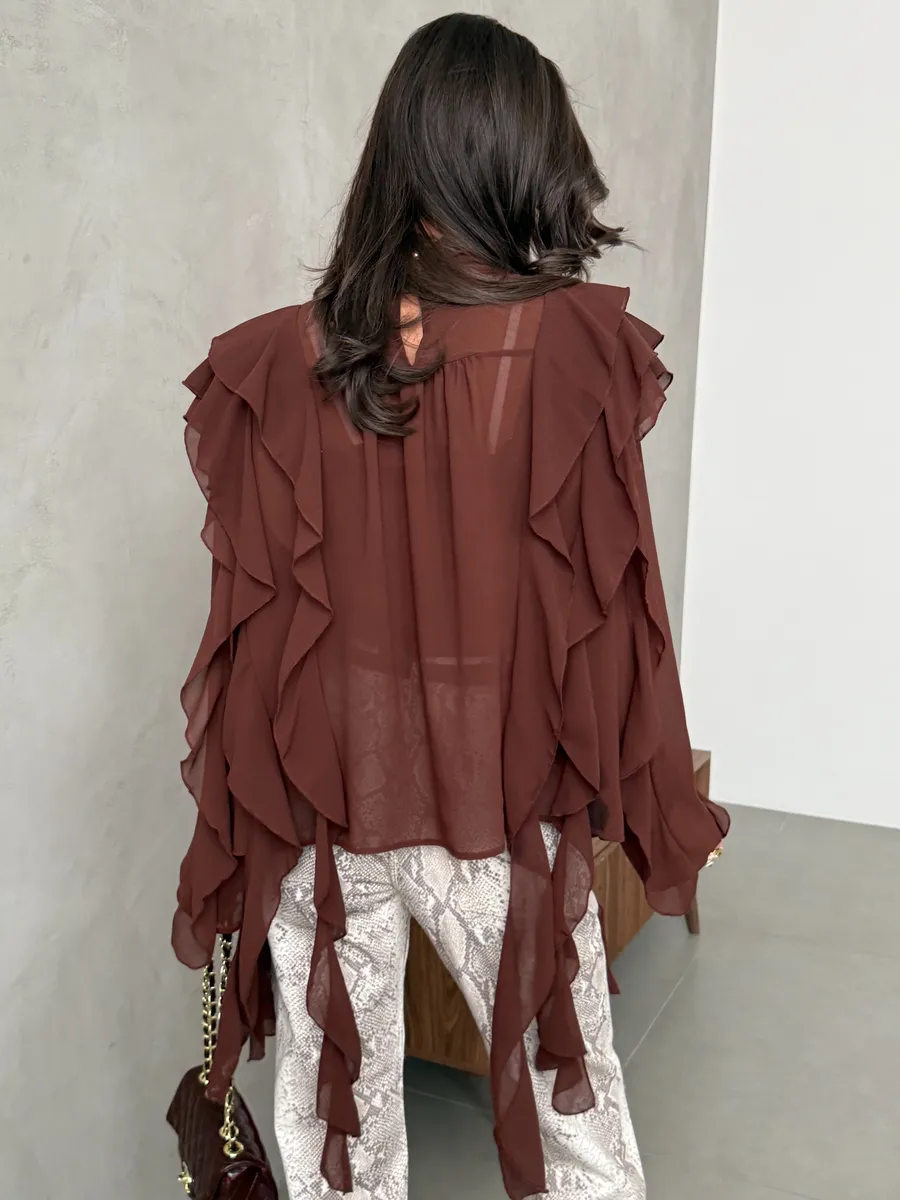 Коричневая блузка нарядная праздничная шелковая с рюшами и топом