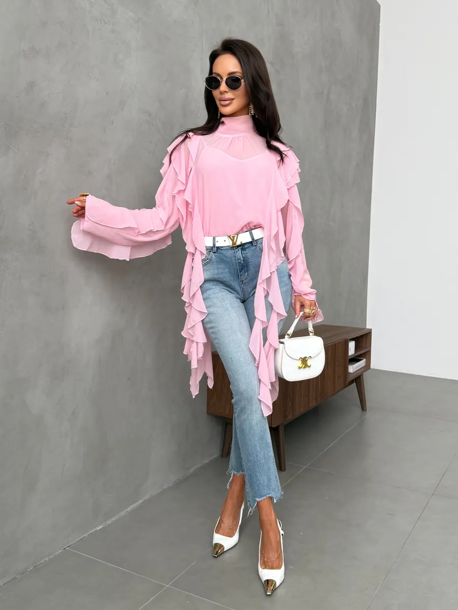 Розовая блузка нарядная праздничная шелковая с рюшами и топом